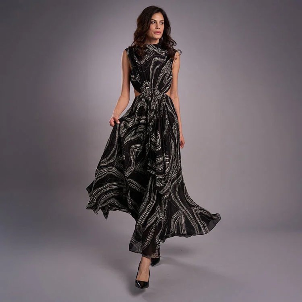 Parker‎ Black  & White Flowy Abstract Swirl O-Ring Cut-Out Maxi Dress 14